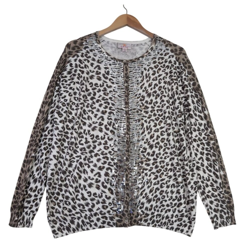 Quacker Factory Cardigan Sweater Womens XL Animal Print Sequin Button‎ Front